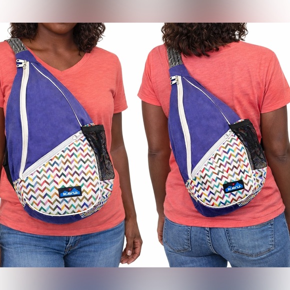 KAVU Rope Sling Bag Indigo Canvas Multicolor Chevron Crossbody - Picture 2 of 8